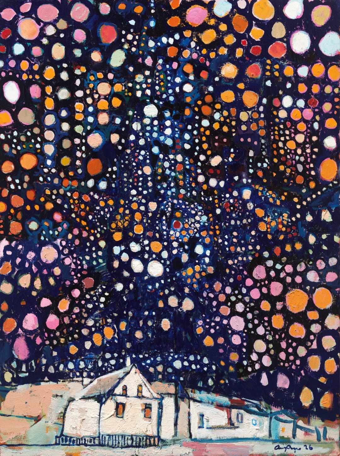 Stars Descending — an original painting by Aaron's wife of a small house beneath a luminous, star-filled night sky